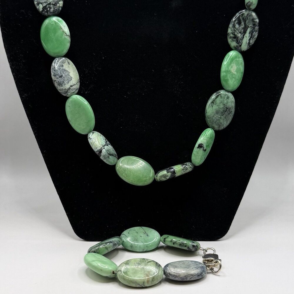 Vintage Variscite Necklace & Bracelet Set 20" Necklace 7" Bracelet 925 Clasps